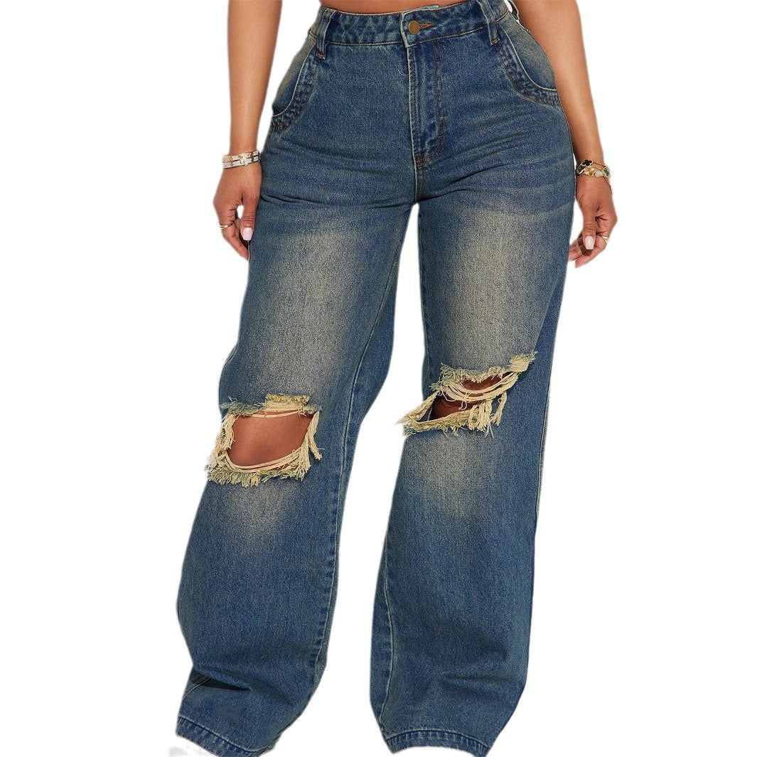 Women's Ripped Model Retro Street Worn Washed Pants