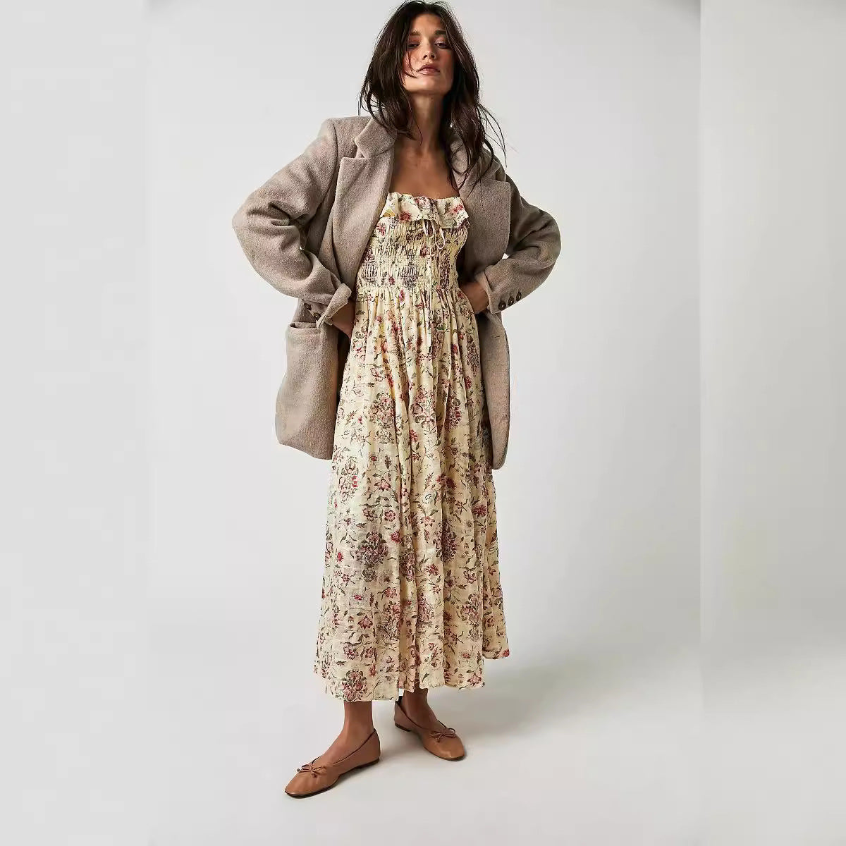 Autumn Exposed Back Ruffled Square Collar Printed Dresses