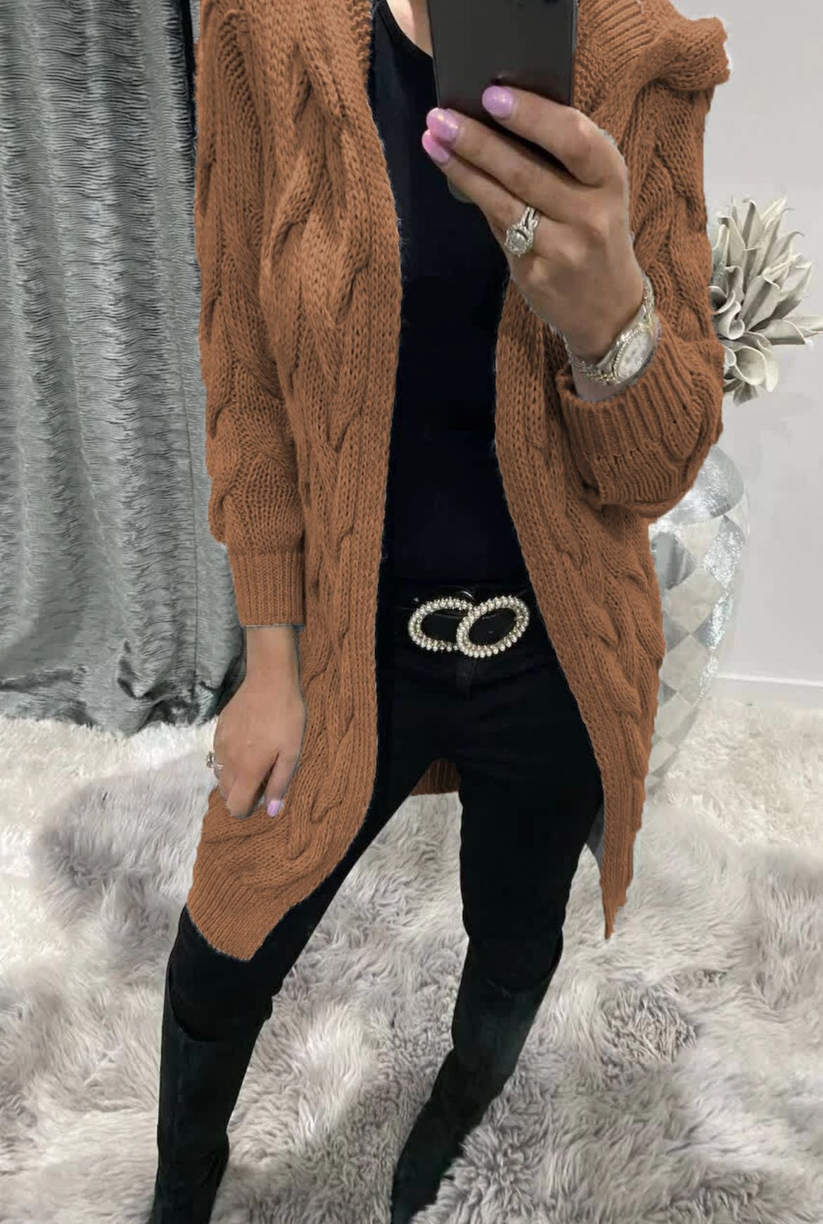 Women's Long Hooded Knit Twisted Sleeve Solid Knitwear