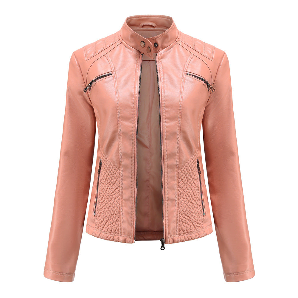 Women's Casual Leather Stand Collar Solid Color Jackets