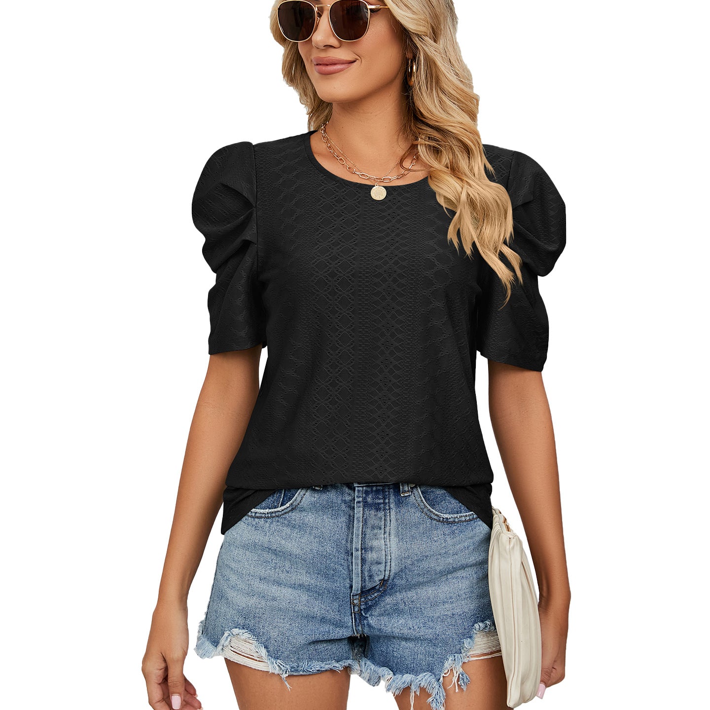 Solid Color Round Neck Pleated Loose-fitting Tops