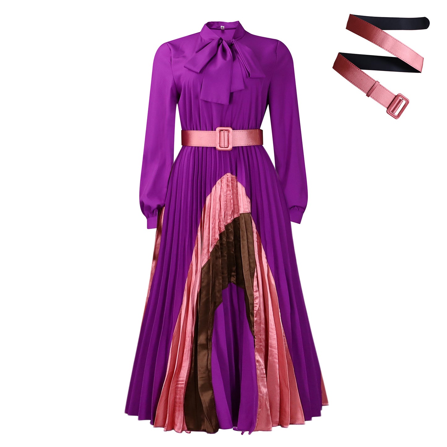 Women's Pleated Long Sleeve Color Matching Elegant Dresses
