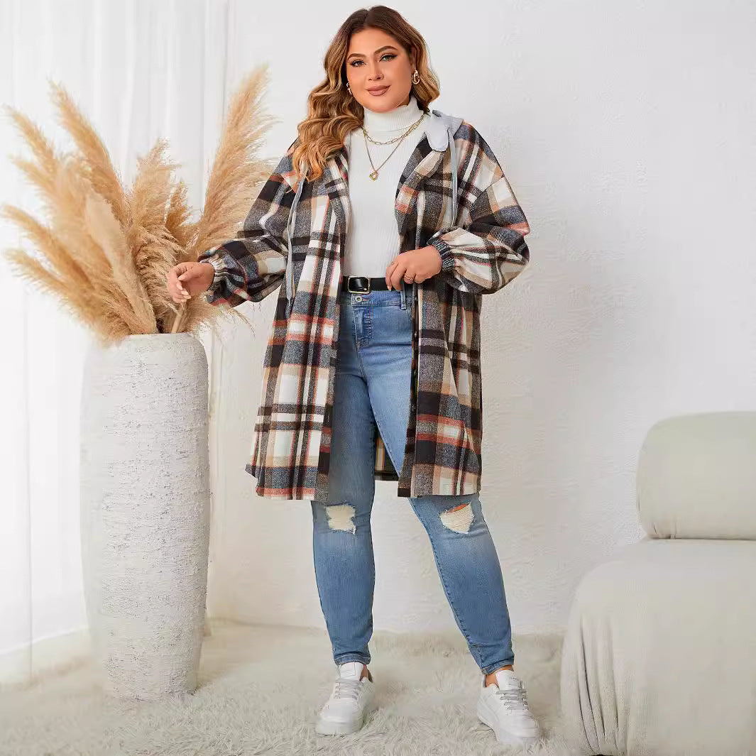 Women's Versatile Slouchy Plaid Hooded Mid-length Coats