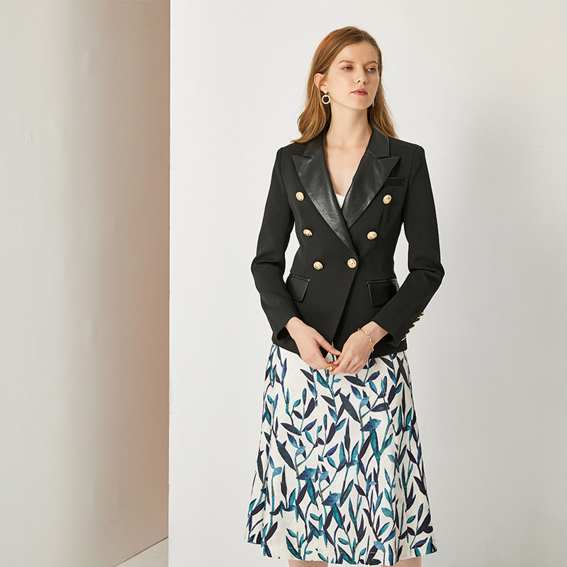 Black Leather Stitching Collar Graceful Crisp Blazers