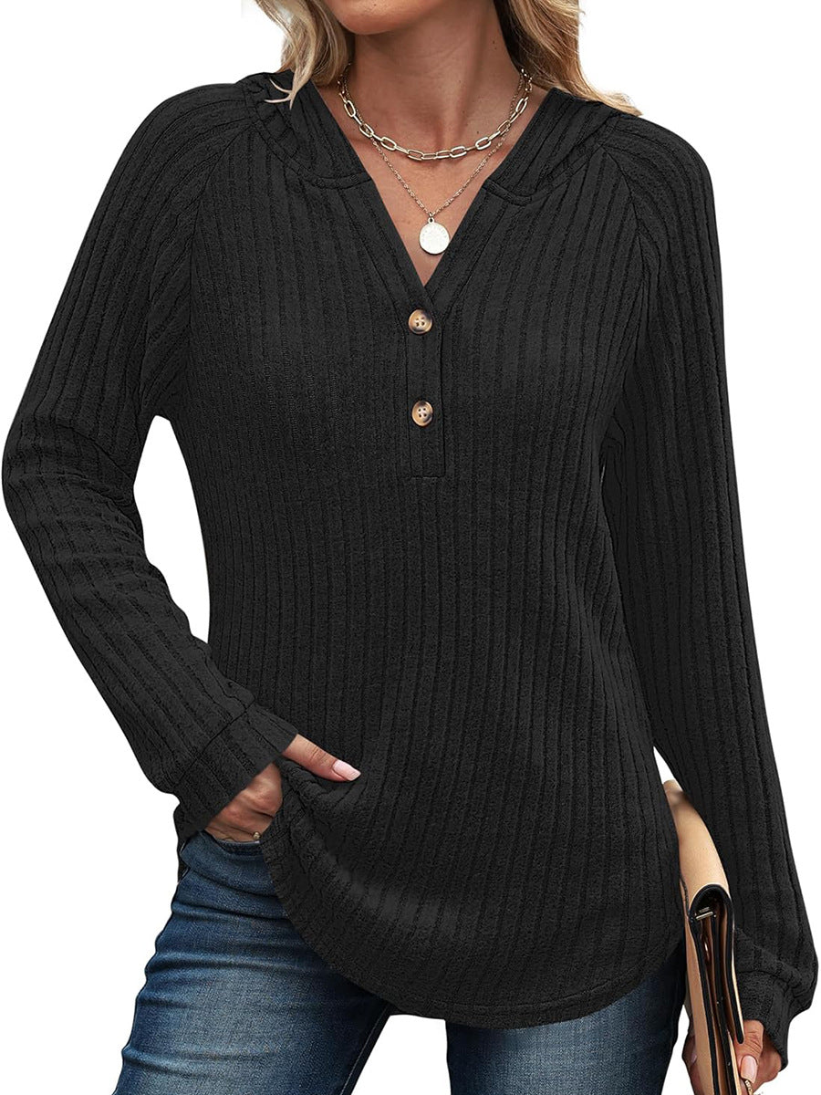 Solid Color Button Loose Hooded Fleece Women's Sweater