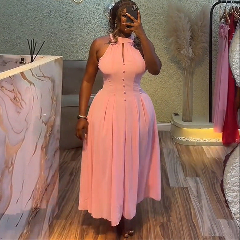 Women's Elegant Halter Sleeveless Waist Slimming Pink Dresses