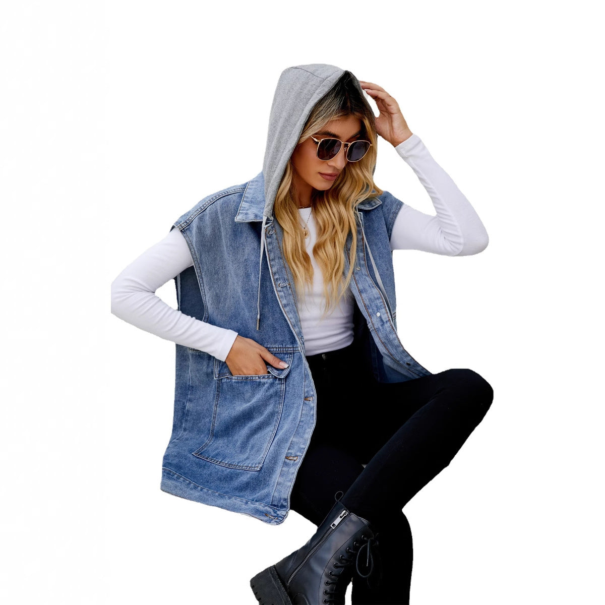 Women's Denim Waistcoat Fashion Trendy Sleeveless Hooded Vests