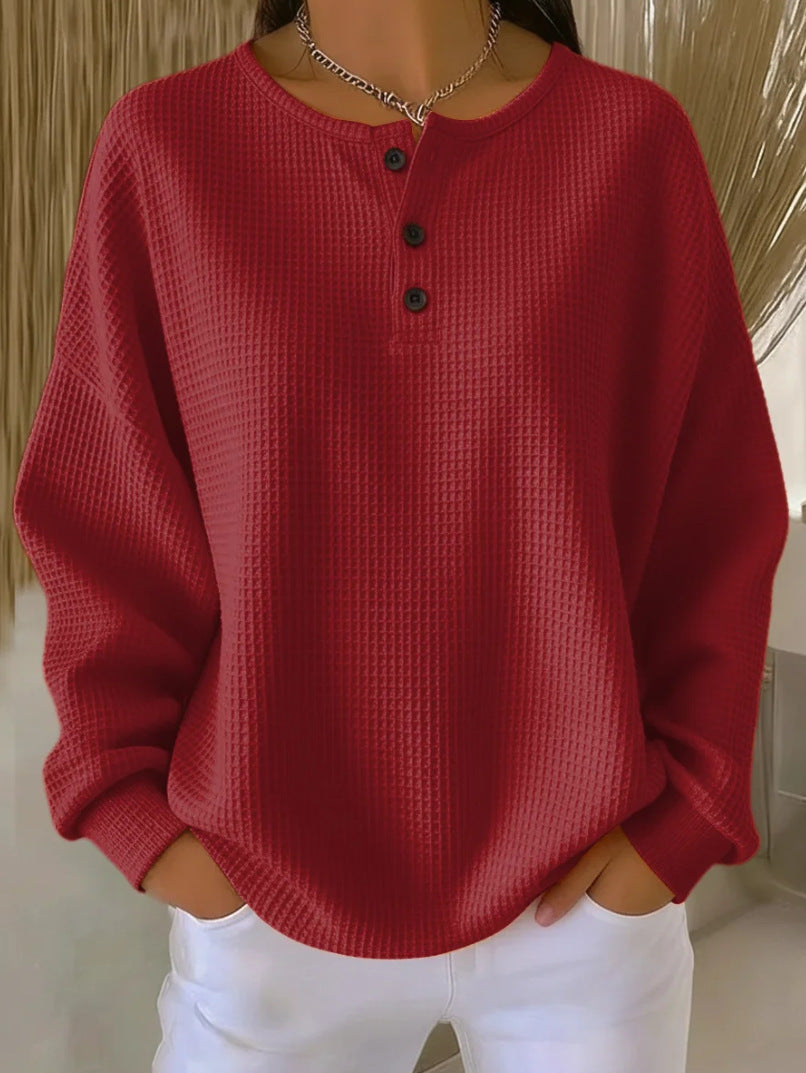 Round Neck Waffle Solid Color Pullover Women's Sweater