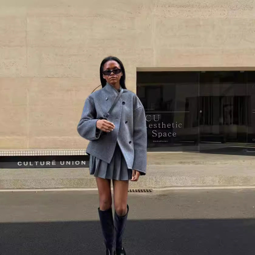 Women's Vintage Brown Woolen Double Breasted Thick Jackets