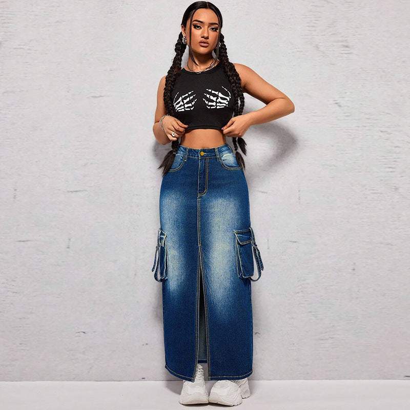 Women's Large Denim Fashion Bag Split Long Skirts