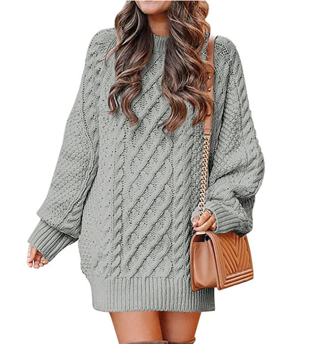 Women's Neck Long Sleeve Large Profile Twisted Knitted Knitwear