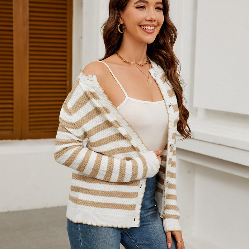 Women's Fashion Striped Button Knitted Xi Sweaters