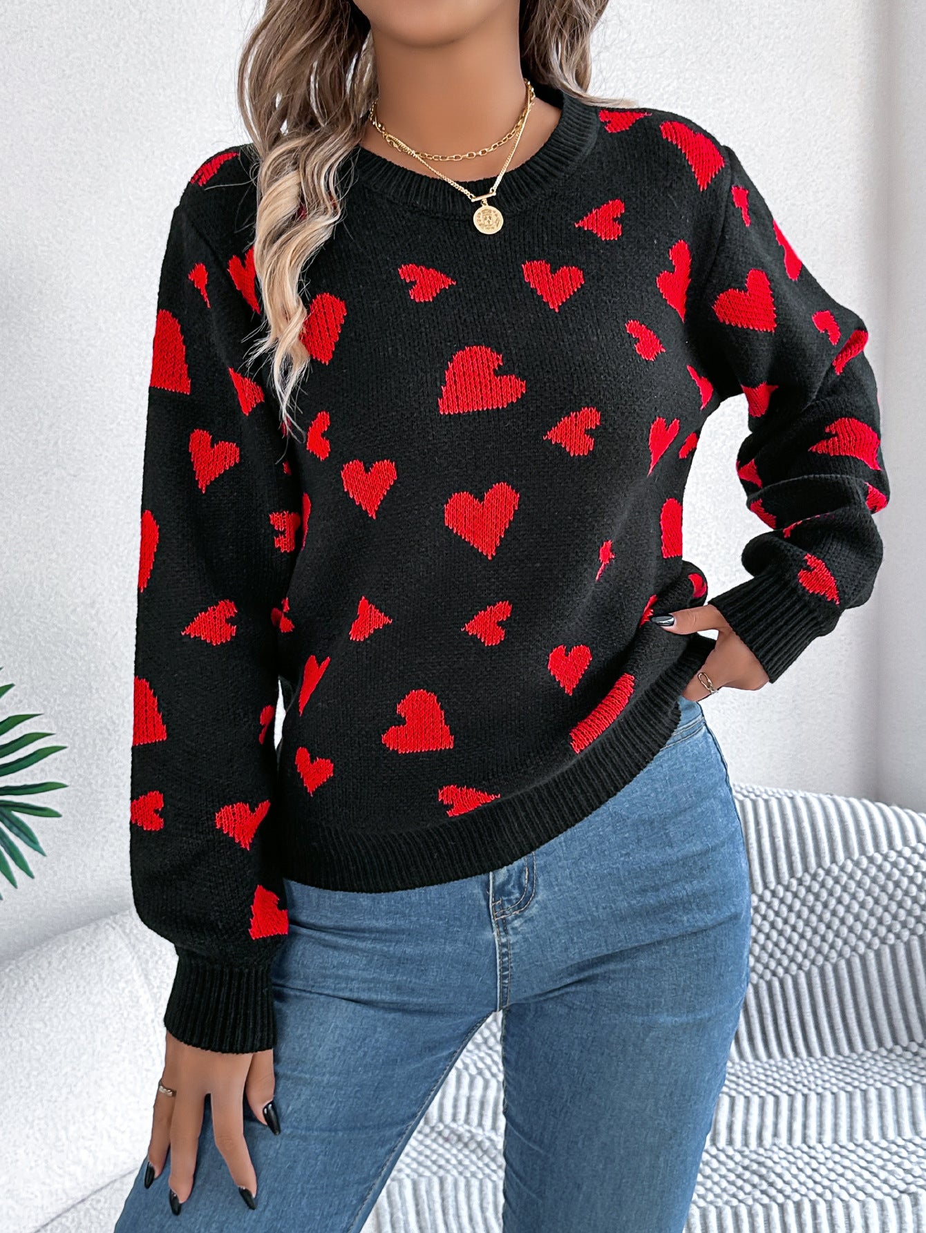 Clearance Casual Contrast Color Love Lantern Sleeve Pullover Sweater