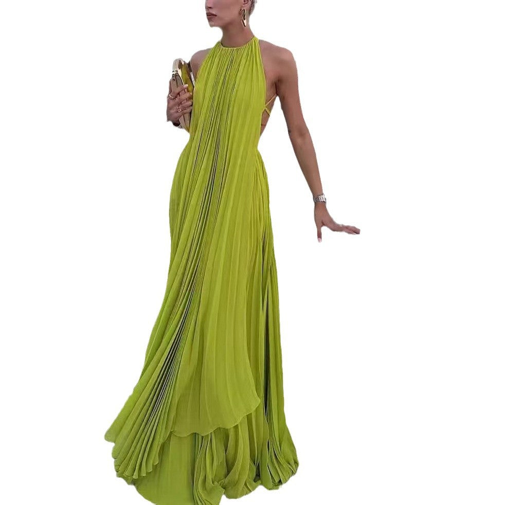 Women's Color Round Neck Sleeveless Sexy Backless Beach Dresses