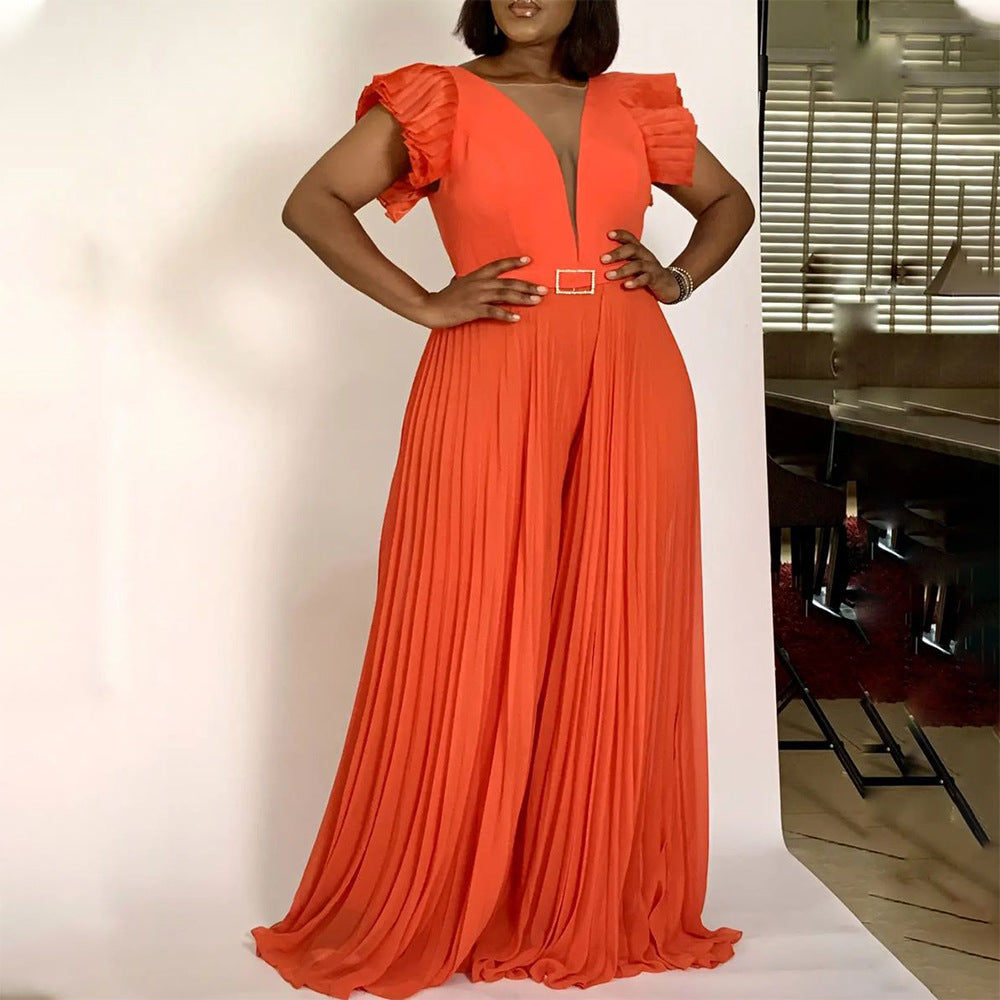 Women's Summer Fashion Stitching Sexy Pleated High Waist Jumpsuits