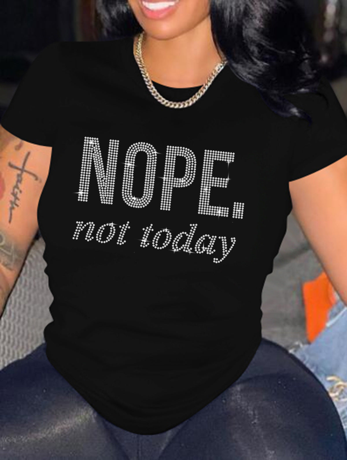 Popular Beautiful Rhinestone Round Neck T-shirt Blouses