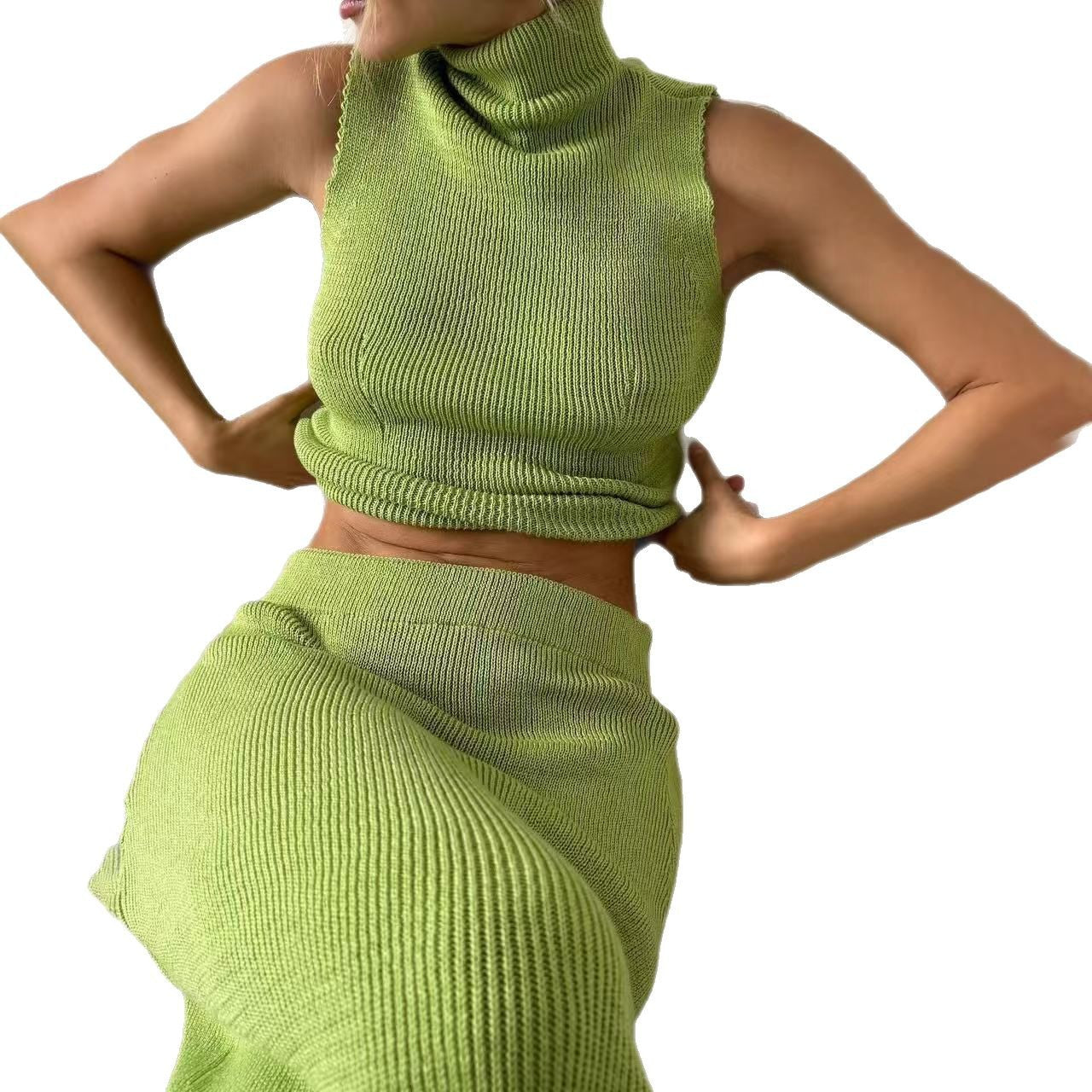 Knitted Turtleneck Green French Style Two-piece Skirts