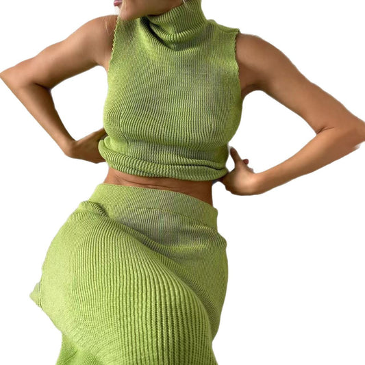 Knitted Turtleneck Green French Style Two-piece Skirts