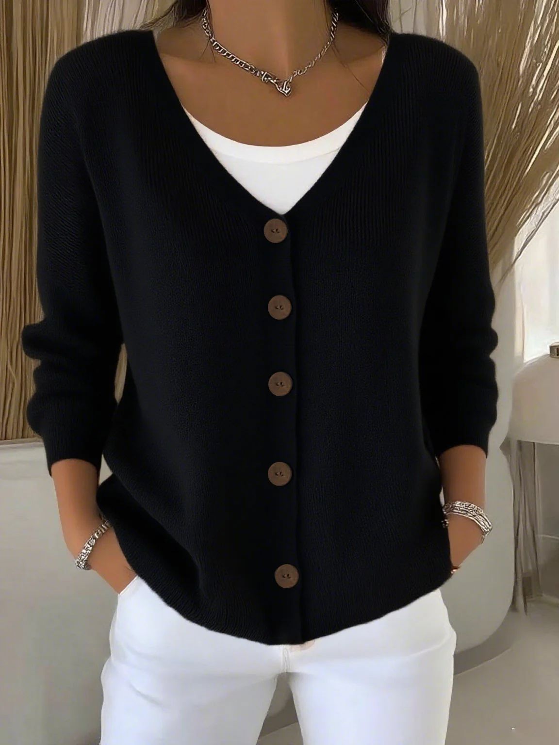 Women's Solid Color Knitted Button Loose Casual Sweaters