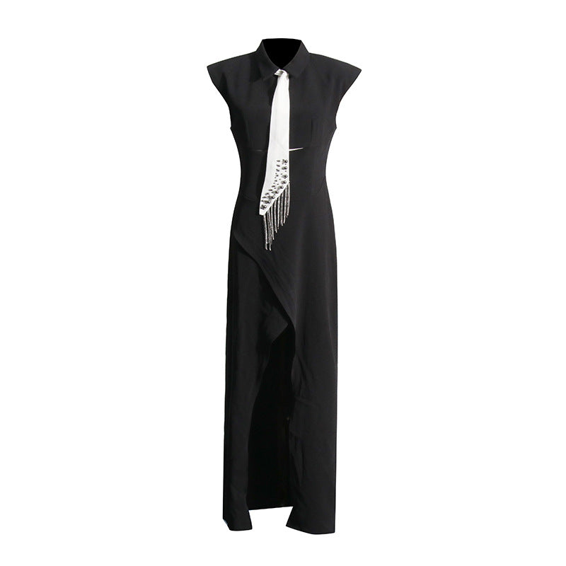 Women's Summer High-grade Lapel Hollow Split Elegant Black Dress Dresses