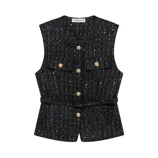 Attractive Spring Waistband Sequin Fashion Three-color Vests