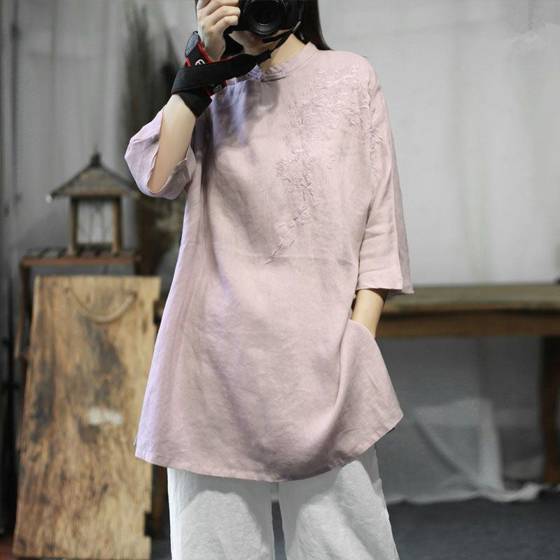 Women's Cotton Linen Tang Embroidered Tea Chinese Button Knots Blouses