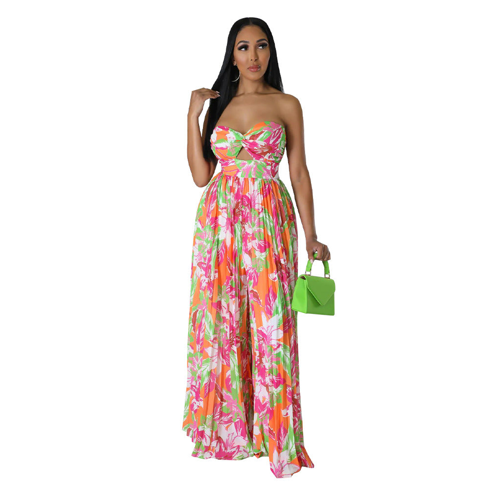 Women's Fashion Summer Sexy Backless Print Wide Jumpsuits