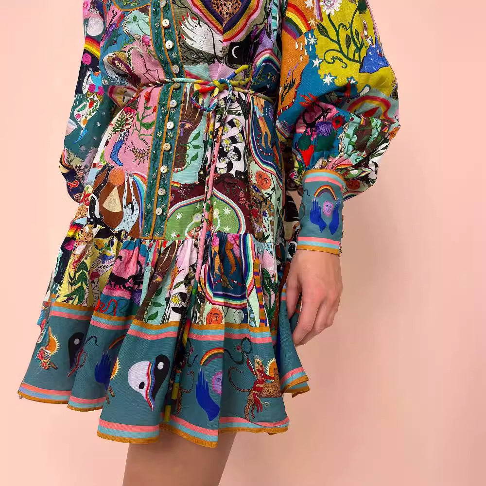 Women's Long Sleeve Printed Lace Up Cotton Linen Dresses