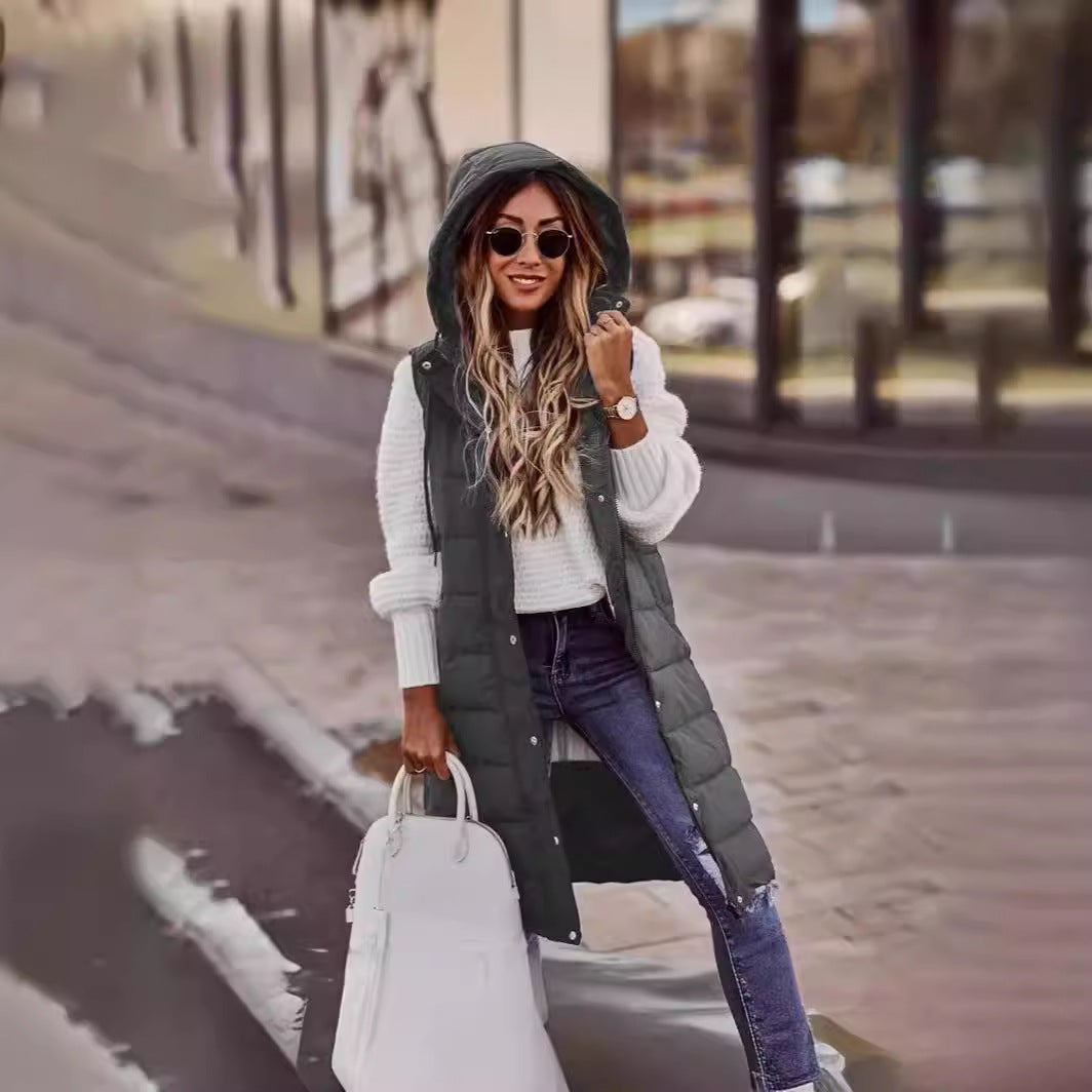 Color Hooded Single-breasted Long Cotton Slim Vests