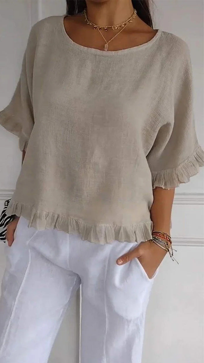 Pure Color Ruffles T-shirt Female Casual Blouses