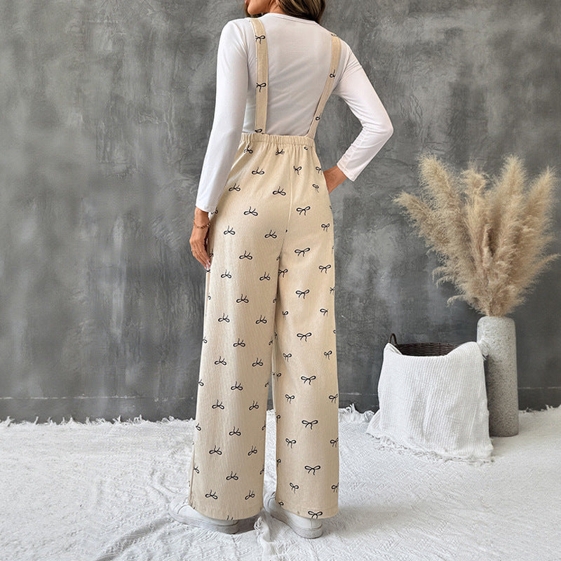 Sweet Style Bow Warm Corduroy Suspender Jumpsuits