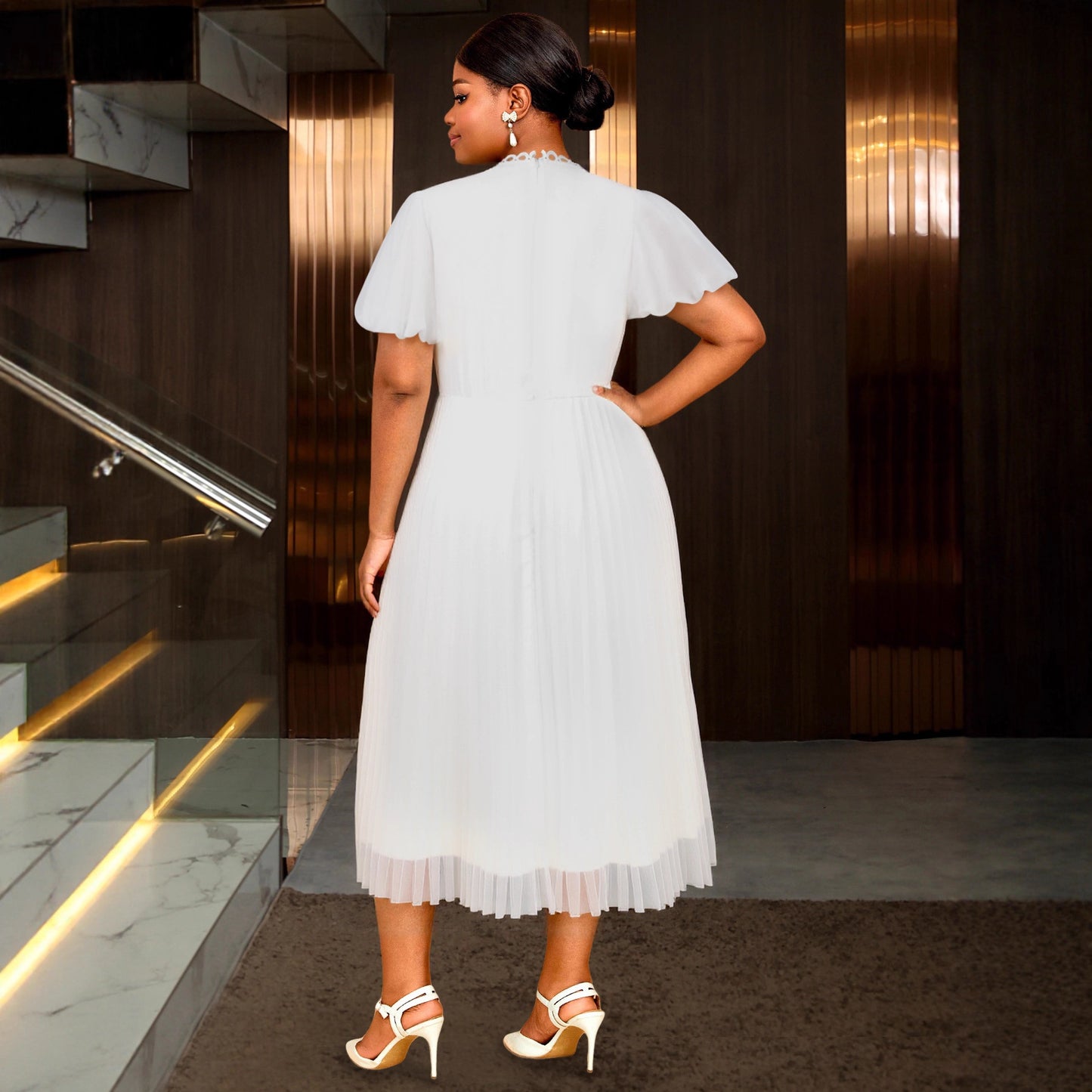 Women's Hollow Dress Puff Sleeve Rhinestone Buckle Pleated Dresses