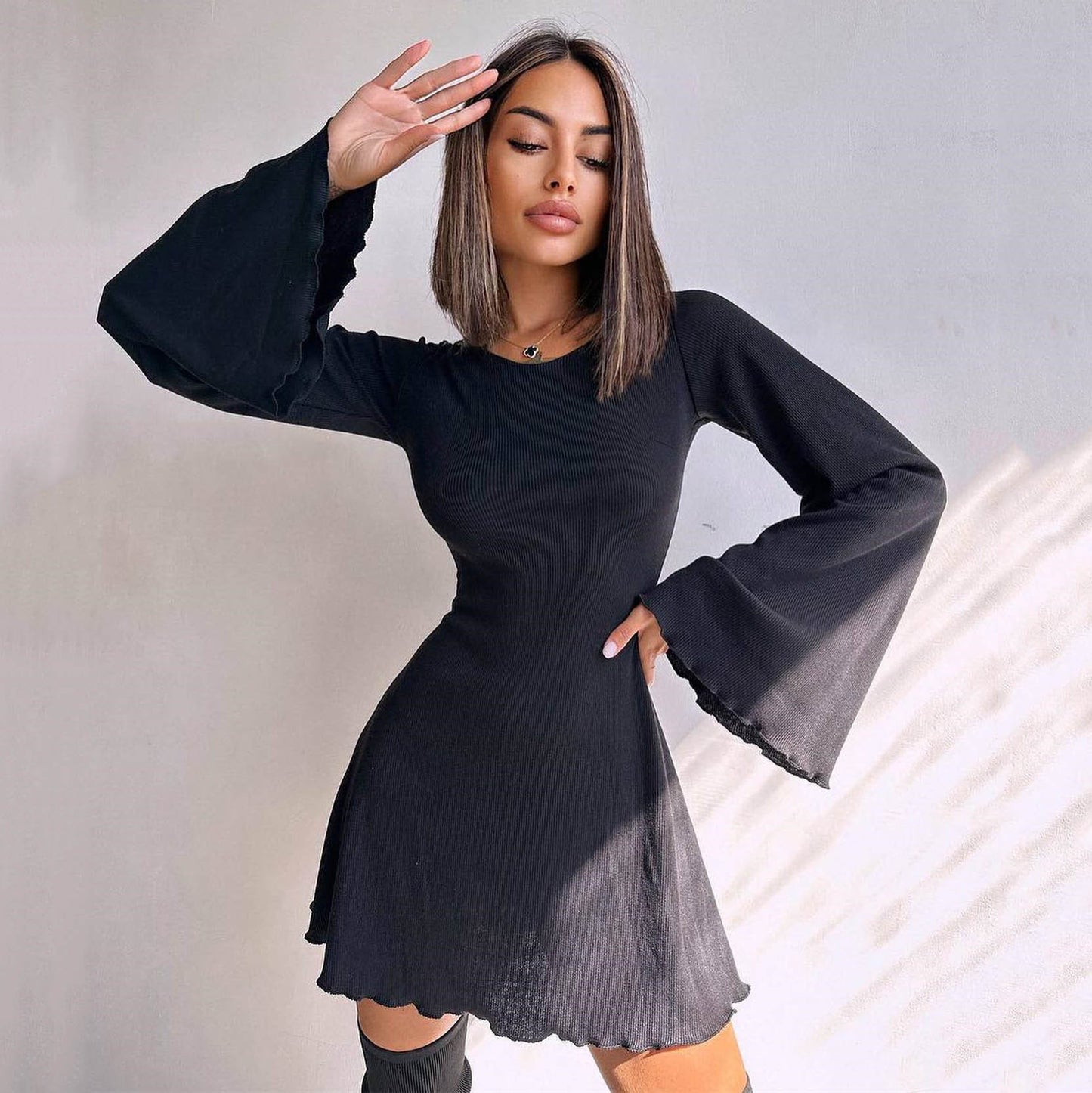Women's Sexy Dress Solid Color Flare Sleeve Hollow Out Dresses