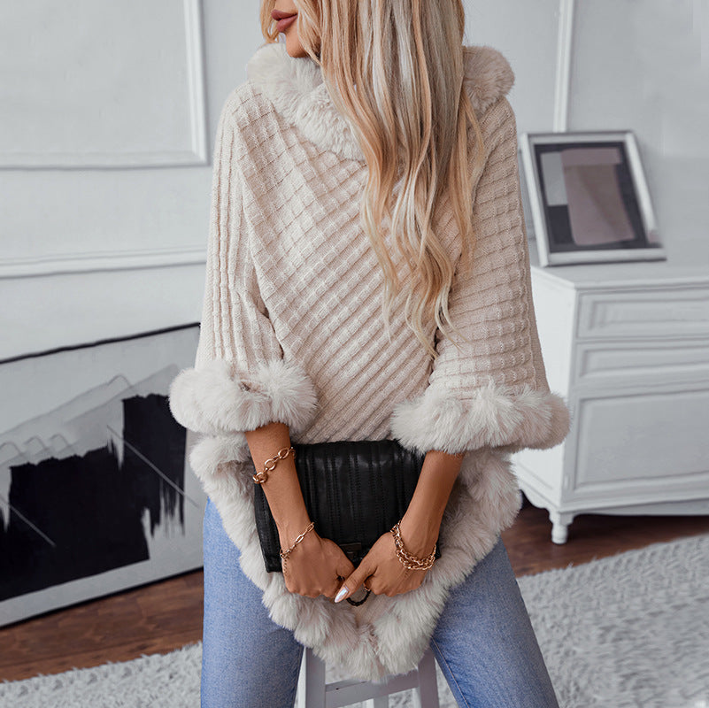 Women's Color Fur Collar Pullover Thick Retro Plaid Knitwear