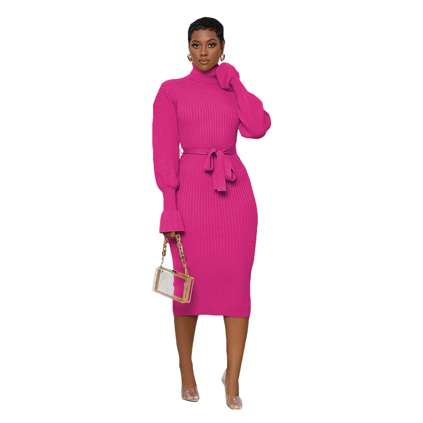Women's Solid Color Turtleneck Knitting Tied Dress Dresses