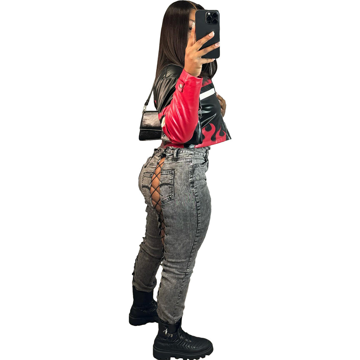 Women's Embroidered Flame Stitching Locomotive Leather With Jackets