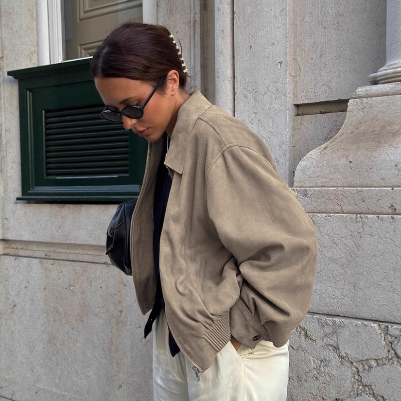 Women's Suede Winter Vintage Khaki Loose Lapels Jackets