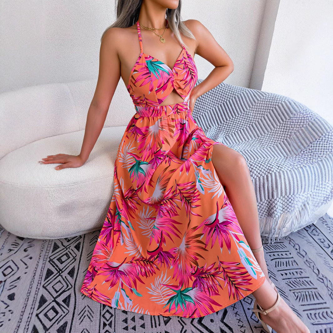 Women's Flower Sleeveless Cutout Sling Long Dress Dresses
