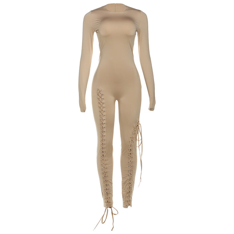 Women's Long-sleeved Fashion Sexy Cutout Bandage Skinny Jumpsuits