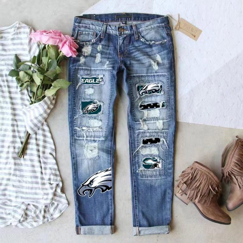 Women's Innovative Fashion Printing Hole Straight Jeans