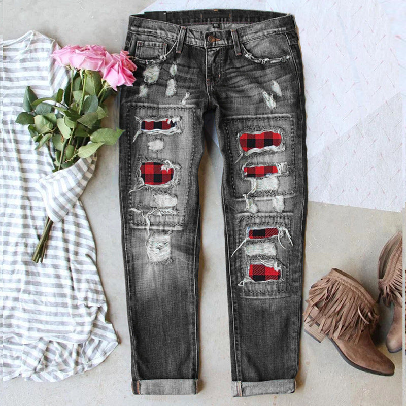 Women's Fashion Red Ripped Plaid Trousers Jeans