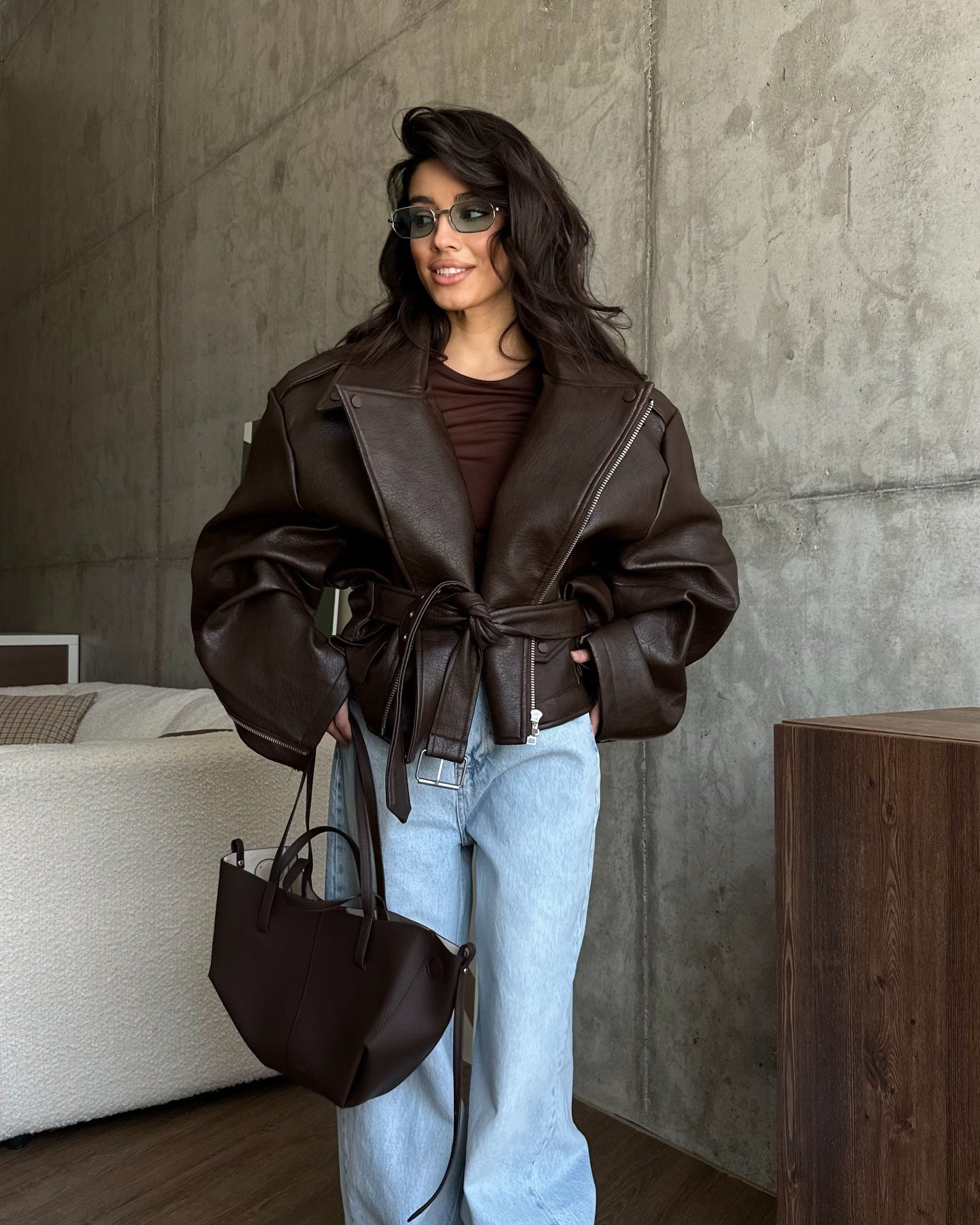 American Retro Leather Baggy With Belt Jackets