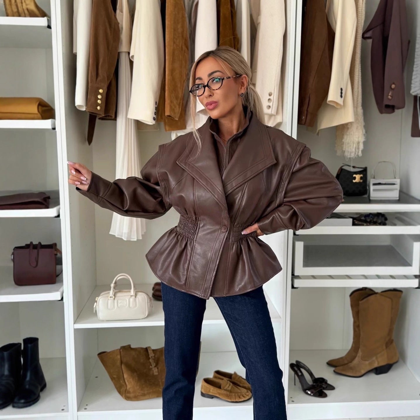 Women's Beautiful Russian Lapel Imitation Leather Jackets