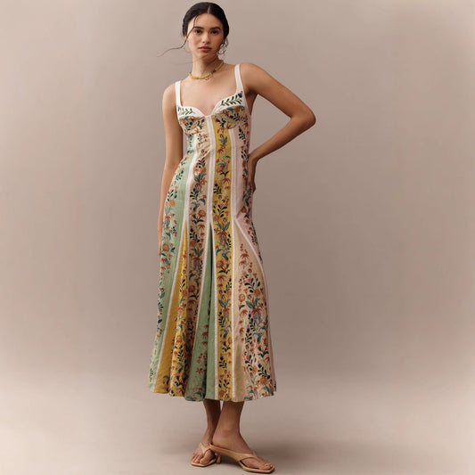 Strap Positioning Linen Printed Dress Loose Dresses