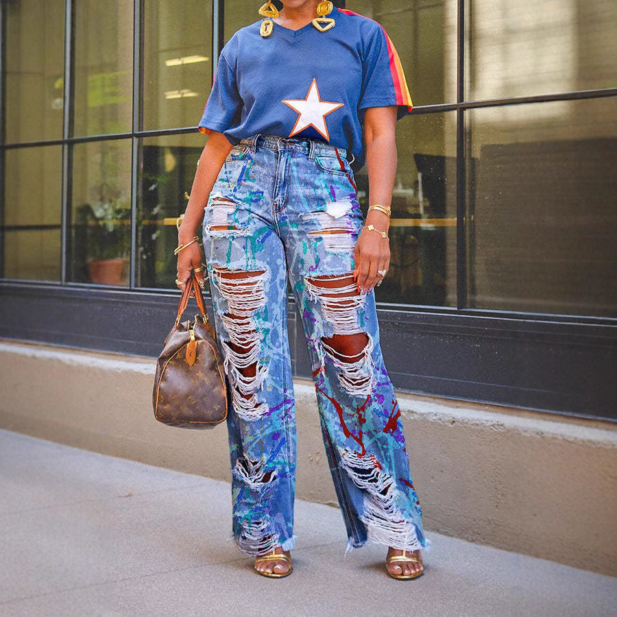 Summer Fashion Iti Printing Ripped Straight Jeans