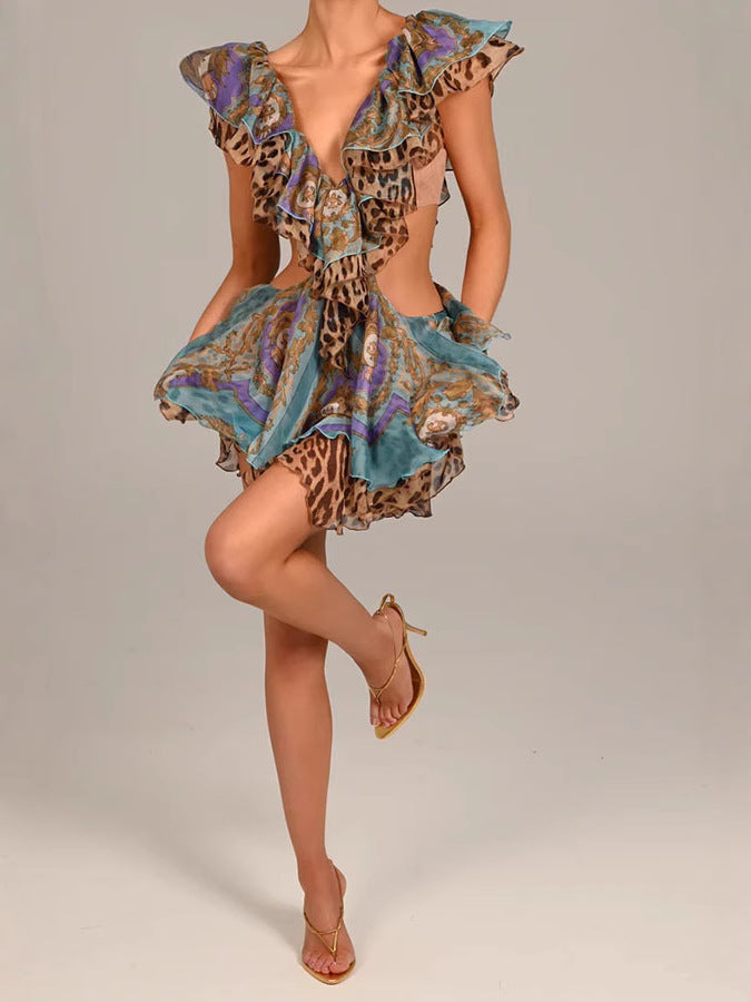 Women's Sexy Dress Sleeveless Printed Irregular Ruffled Dresses