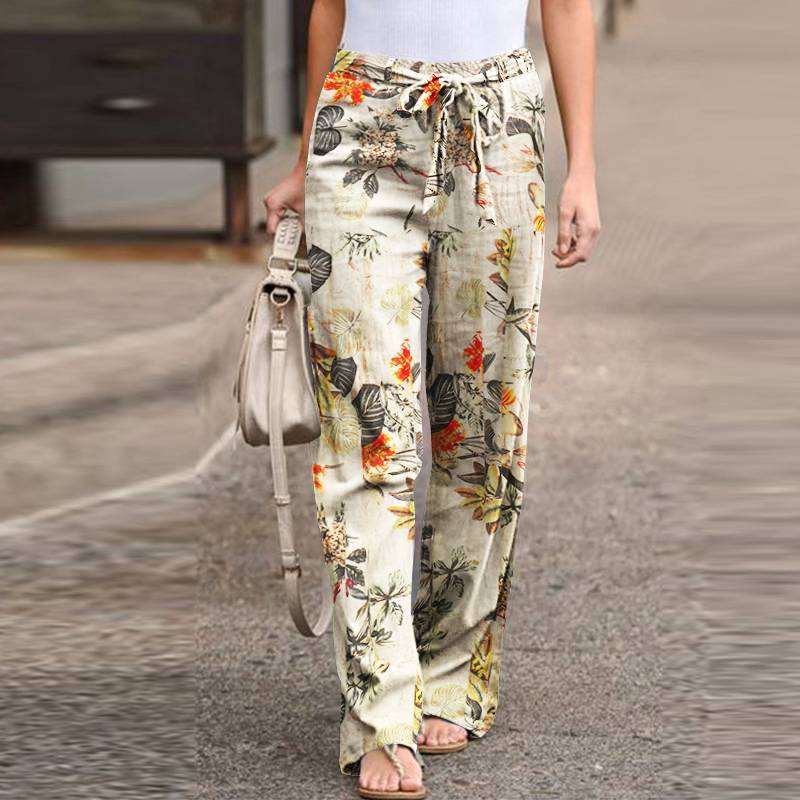 Women's Printed Cotton Linen Casual Comfortable Elastic Pants