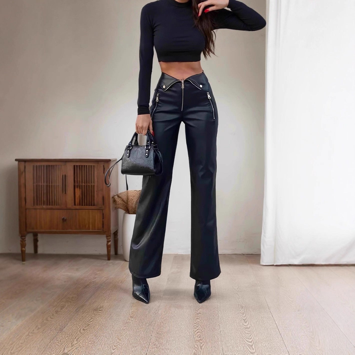 Women's Waist Style Leather Nightclub Metal Zipper Pants