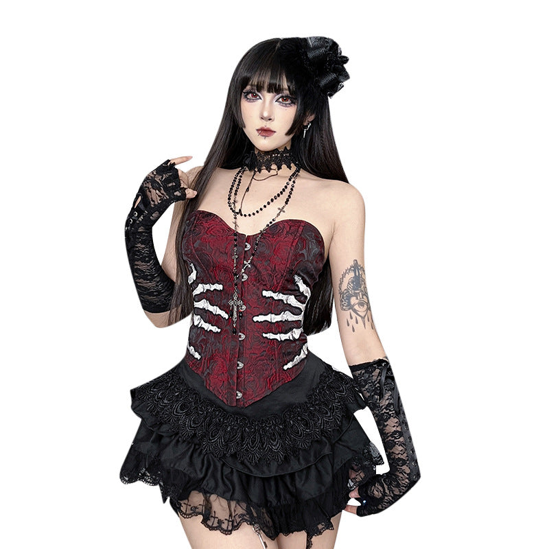 Culture Hand Bone Embroidered Tube Autumn Gothic Style Court Tops