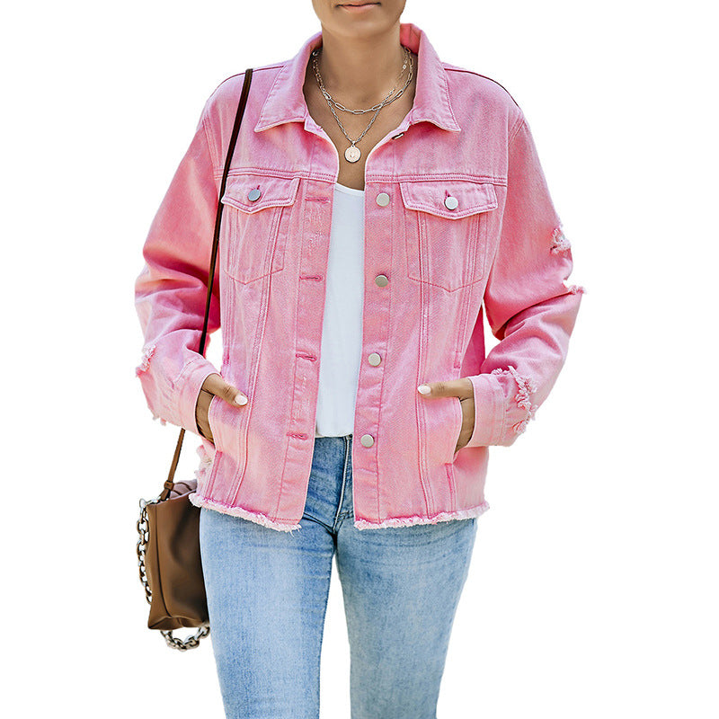Women's Solid Color Single Row Washed Denim Cardigans
